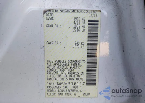 2013 Nissan Altima 2.5 S z USA, uszkodzony, nr VIN 1N4AL3AP3DN516117